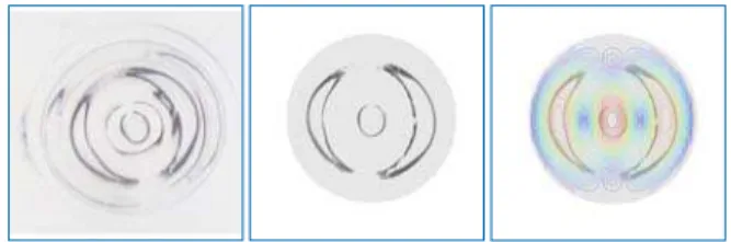 Fig. 12 - Photo snapshot of the interface surface (experiment) compared with  the curvature distribution of η 12  mode