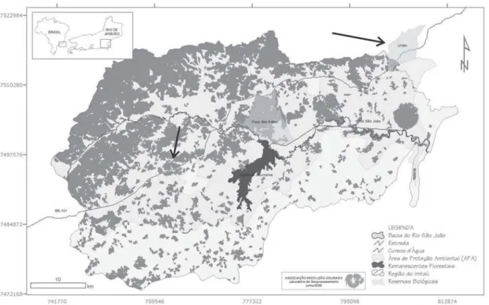 Fig. 1. Localização dos fragmentos de estudo na Bacia do rio São João, situada nos municípios de Casimiro de Abreu e Silva Jardim, RJ