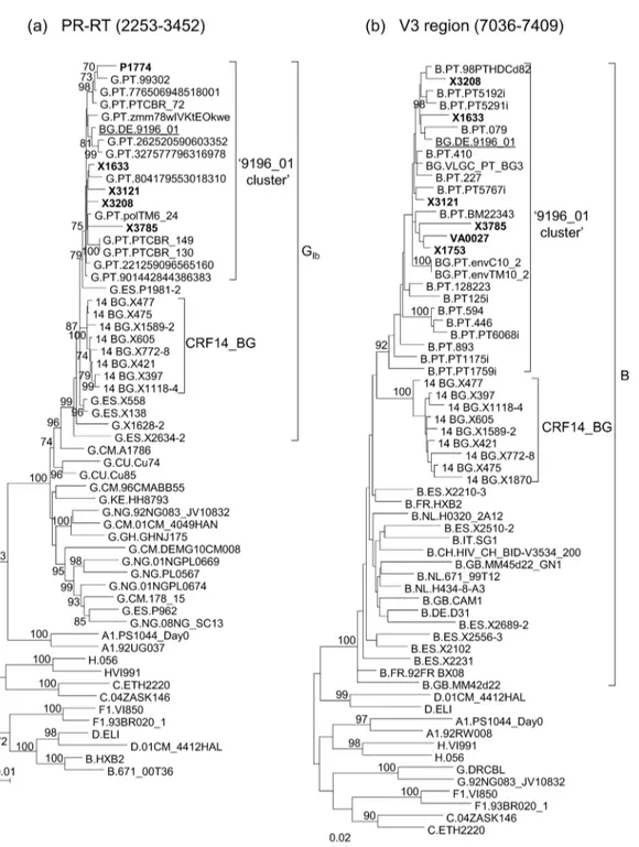 Fig 1. ML trees of sequences of HIV-1 isolates from databases (all from Portugal) or obtained by us (from Spain) clustering with the BG recombinant virus 9196_01 in (a) PR-RT and/or the (b) V3 region