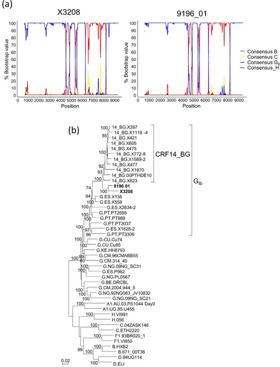 Fig 2. Analysis of the near full-length genome sequence of X3208. (a) Bootscan analyses of X3208 and 9196_01