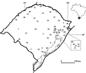 Fig. 1. Mapa do Estado do Rio Grande do Sul indicando a posição dos municípios com registro de coleta de Arctiidae
