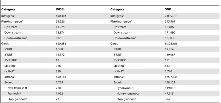 Table 3. Statistics of INDELs and SNPs in functional regions.