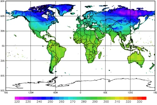 Fig. 1. Monthly mean temperature in Kelvin for January 2014 from the NOAA NCEP CPC GHCN_CAMS gridded data set with the original 0.5 ◦ spatial resolution.