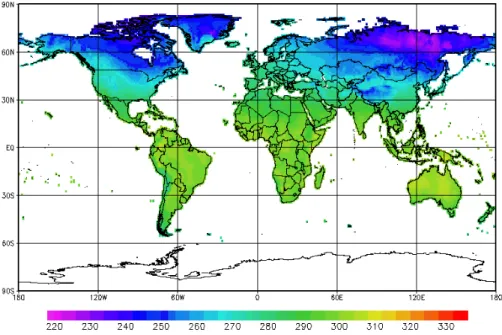 Fig. 2. Monthly mean temperature in Kelvin as in Fig. 1, but regridded to the GPCC grid with 1.0 ◦ spatial resolution.