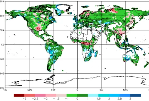 Fig. 3. SPI-DWD for January 2014 with one month averaging interval. Green means normal precipitation, blue wetter than normal and red drier than normal (drought)