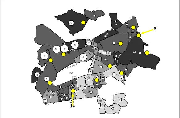 Figura  1.  Divisão  político  administrativa  do  Município  de  Volta  Redonda,  Estado  do  Rio  de  Janeiro,  em  46  Bairros,  de  acordo  com  dados  do  Instituto  Brasileiro de Geografia e Estatística (1993), com indicativo (   ) dos que foram  tra