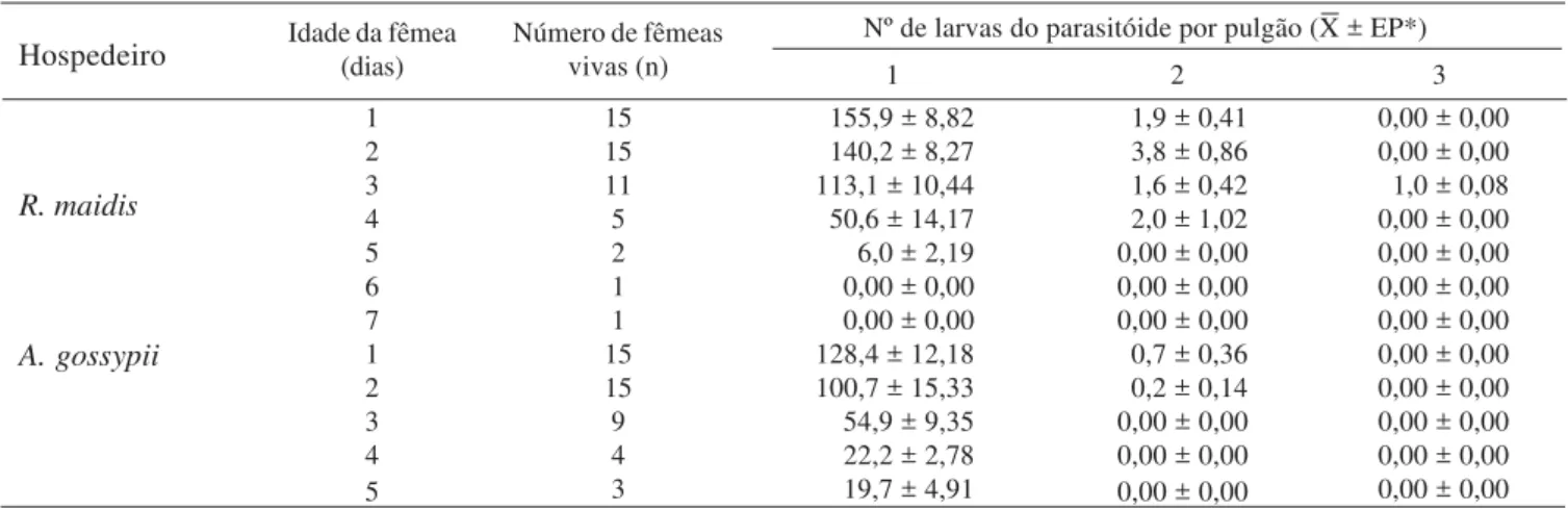 Tabela II. Número de larvas de Lysiphlebus testaceipes em  Rhopalosiphum maidis e Aphis gossypii