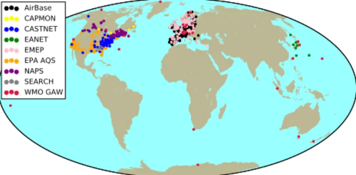 Figure 4. Map of surface sites reporting surface O 3 between 2005 and 2010 used in this study, coloured by the providing data network.