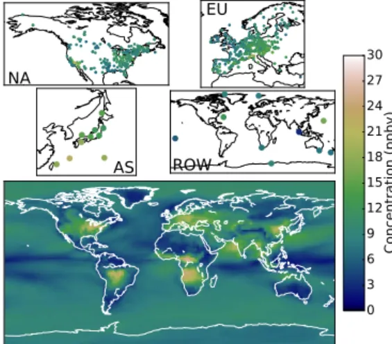 Figure 7. Seasonal phases of observations (upper panels) and model (lower panel). NA is North America, EU is Europe, AS is Asia, and ROW is rest of world.