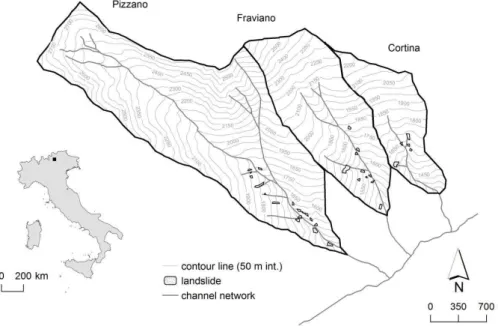 Fig. 4. Study catchments. The map shows the location of the three catchments, and the landslide distribution.