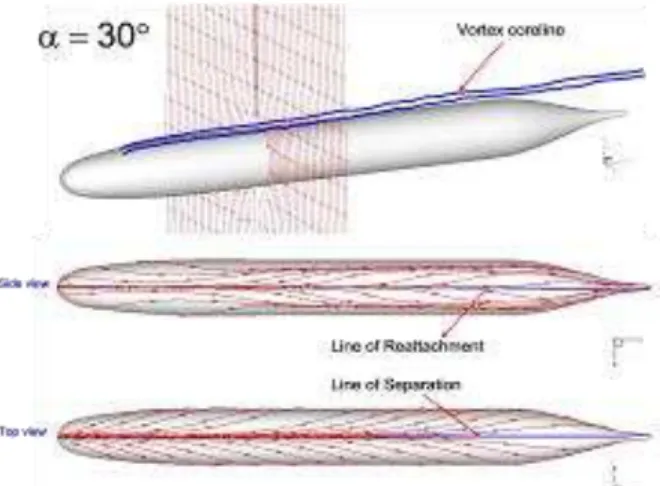 Figure  6:  DARPA  SUBOFF  attack  angle  of  30  degrees  to  the  surface of the vortex line limit flow lines 