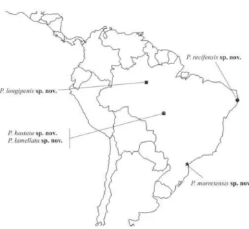 Fig. 62. Mapa de distribuição das espécies de Paracoelidiana gen. nov.