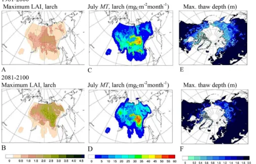 Figure 1. Simulated maximum summer leaf area index (LAI; a, b) and July emissions of monoterpenes (c, d; mg C m −2 month −1 ) from Eastern Siberian larch