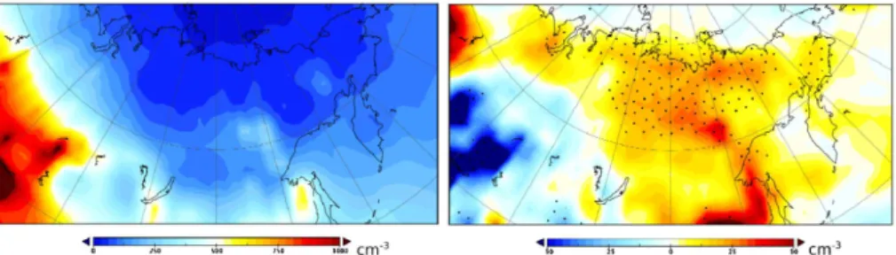 Figure 3. Annual average boundary-layer CCN (1.0 %) concentration (cm −3 ) in Siberia with present-day anthropogenic and BVOC (for BNS: E ∗ = 1.9) emissions (left panel), and changes in CCN (1.0 %; right panel) concentration due to increase in BVOC emissio