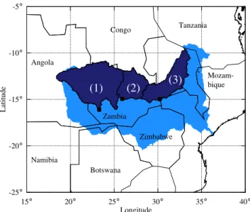 Fig. 1. Overview of the Zambezi River Basin (light blue) and the three watersheds where the model is applied