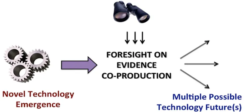 Fig 1. Evidence as the focus of foresight research. Situated conceptually between novel technology emergence and adoption future(s), examination of the attitudes towards co-production of technology-related evidence by the innovation ecosystem constituents 