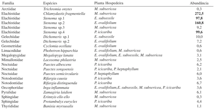 Tabela I. Espécies de Lepidoptera obtidas a partir da criação das Lepidoptera coletadas nas cinco espécies de plantas vistoriadas e sua abundância, no PNRJ, no período entre julho de 2003 e agosto de 2005