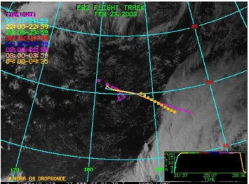 Fig. 1. GOES-10 visible channel image, 23 February 2003. ER- ER-2 route and the drop-sondes positions are shown (from http://