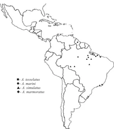 Fig. 305. Mapa de distribuição das espécies dos grupos A. tesselatus e A.