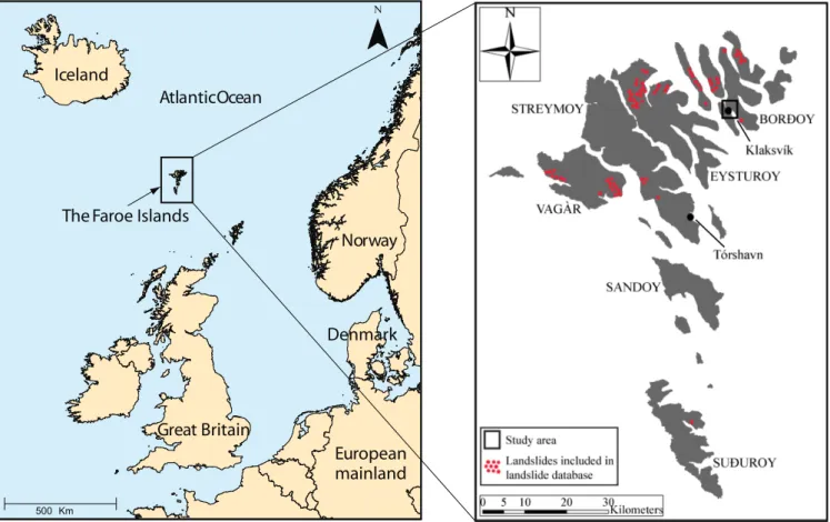 Fig. 1. Location of the Faroe Islands, the study area and landslides included in the landslide database.