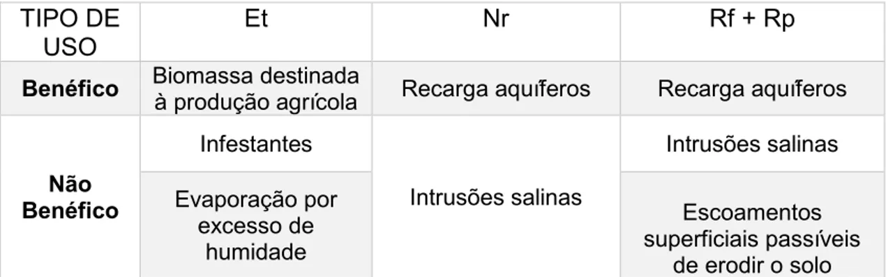 Tabela 5- Exemplos de usos benéficos e não benéficos de água num SHR 