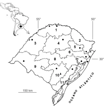 Fig. 1. Zonas fisiográficas do Rio Grande do Sul (segundo AREND, 1997), com os locais onde foram realizadas as coletas