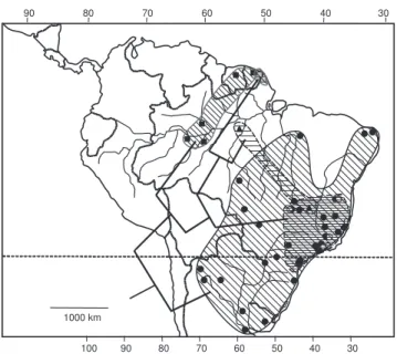 Fig. 94. Distribuição geográfica do clado de Coccoderus biguttatus+:  C.