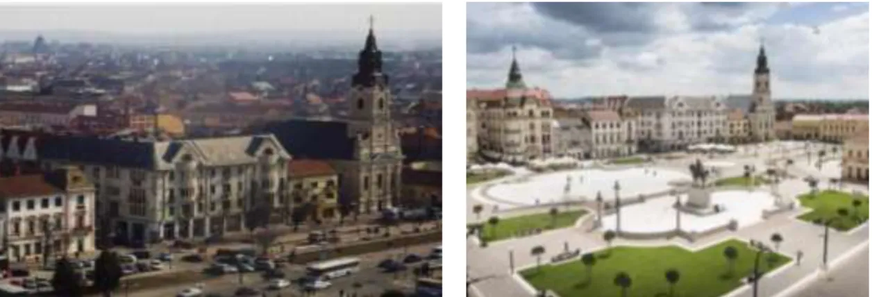 Figure 2: Before and After - Pedestrianization of Unirii Square in Oradea, Romania (Source: Civitas SUMPs UP  presentation, 2019) 