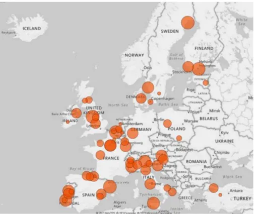 Figure 18: European Network of Living Labs (ENoLL) members focusing on “Smart cities &amp; regions”, “Energy” or 