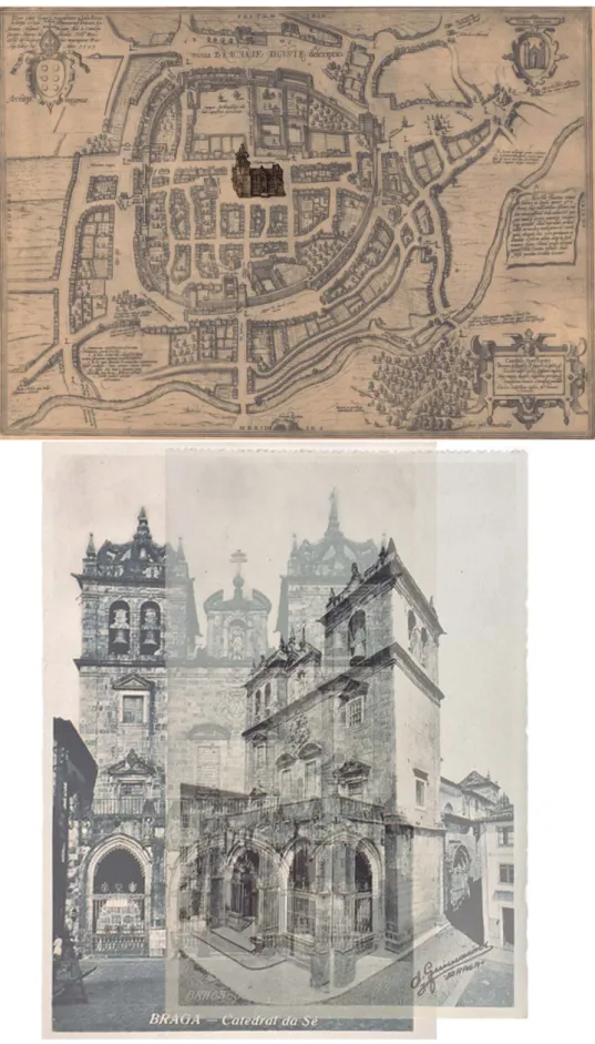 Figura 1- Sobre a Imagem Cartográfica da Cidade de Braga (montagem de Elsa Gonçalves), a partir do  Mapa de Braunio  (1594) de Georg Braun, com destaque para a Sé