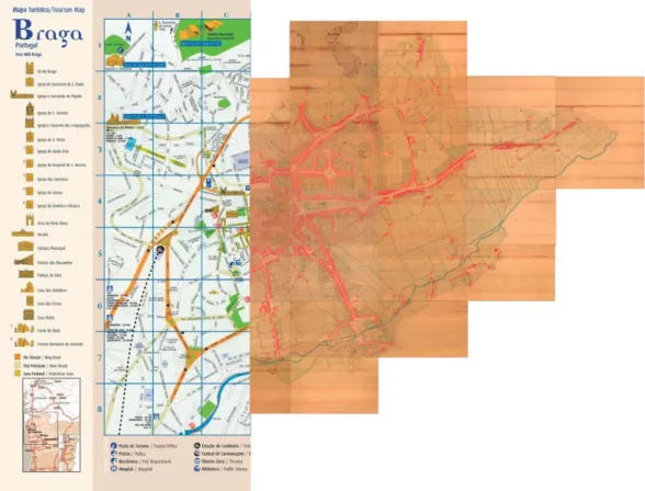 Figura 8- Desenho/Gravação/Impressão (montagem de Elsa Gonçalves), a partir da colagem de fragmentos  do  Mapa Turístico de Braga  (2014) de Autor Desconhecido e da  Planta Topográfica da Cidade de Braga (1884) de Francisque Goullard.