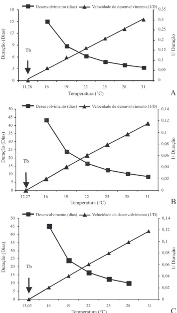 Fig. 1. Relação entre a temperatura, duração (dias) e a velocidade de desenvolvimento (1/D) das fases de ovo (A), e ninfal de machos (B) e de fêmeas (C) de Orius insidiosus (Say).