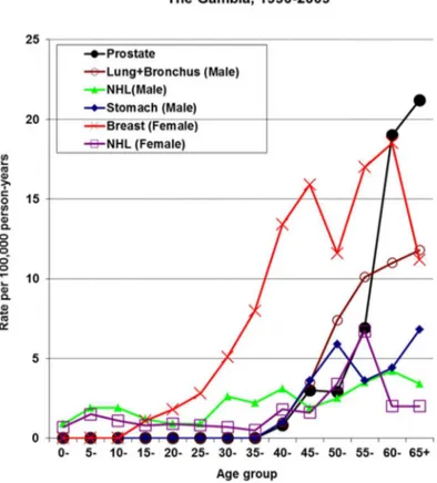 Figure 5.  Age-specific incidence rates of other common cancers in Gambian Males and Females, 1990-2009