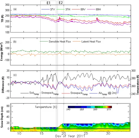 Fig. 3. Time series of observed radiometric and physical characteristics of snow pack in early winter