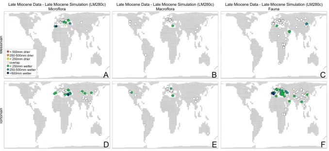 Fig. 12. Results from the model–data comparison for mean annual precipitation, late Miocene data–LM280c.