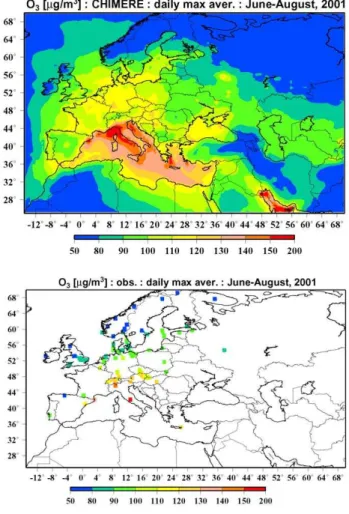 Figure 1 presents a simulated distribution of mean daily maximums of ozone concentrations over model domain in comparison with the corresponding observed data