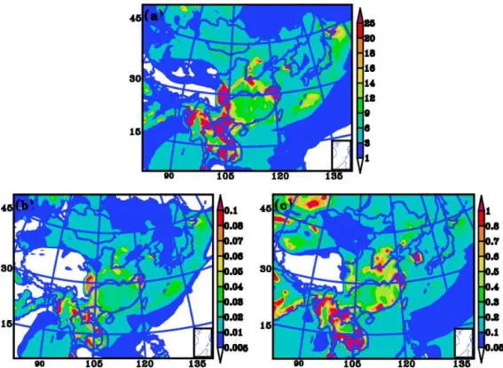 Figure 11. (a) Ensemble spread of C f i,t after inflating; (b) ensemble spread of λ p i,t|t −1 before inflating; (c) ensemble spread of λ a i,t |t−1 at model-level 1 at 00:00 UT on 1 March 2010, when β = 70.