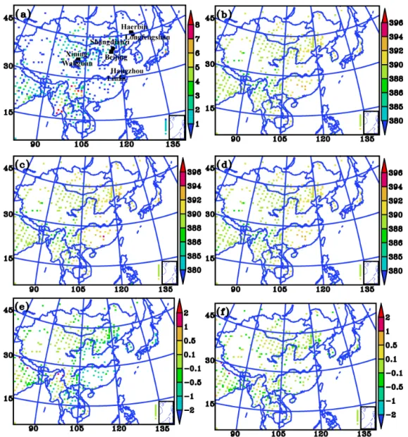 Figure 3. (a) Total number of observations in February 2010 in the model grid. Each symbol indicates the total number of all GOSAT X CO 2 measurements in the corresponding model grid