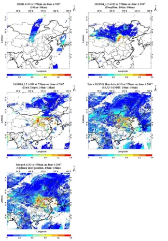 Fig. 2. (a) MISR AOD   (b) MODIS Dark Target AOD (c) MODIS Deep Blue AOD (d) SRAP- SRAP-MODIS AOD data (e) Merged AOD distribution over the study area on 6 June 2007.