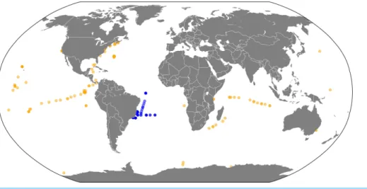 Figure 1 Sample locations. Map of metagenome sampling sites: Blue circles represent metagenomes sampled at the South Atlantic Ocean