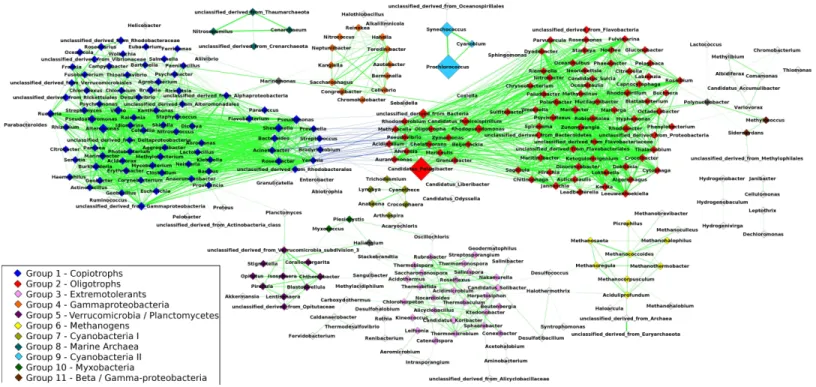 Figure 2 Correlations network: the 1,906 edges linking 297 nodes represent significant correlations between the relative abundances of the connected taxa