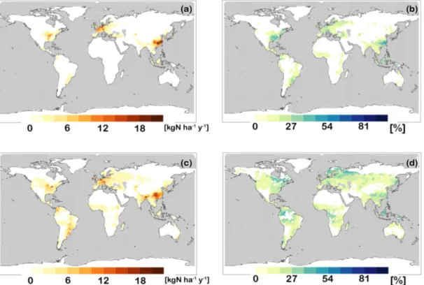Figure 6. Simulated runoff of N r from synthetic fertilizer and manure TAN pools for the present-day (1995–2004) control simulation.