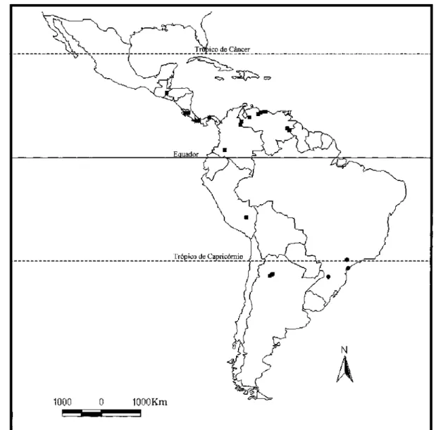 Fig. 5. Distribuição geográfica de Anatrichobius passosi  sp. nov. (   ) e A. scorzai Wenzel, 1966 (   ).
