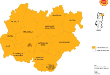 Fig. 15 – Mapa de Cobertura da Produção do queijo de Cabra Transmontano DOP  Fonte: Produtos Tradicionais Portugueses 83 
