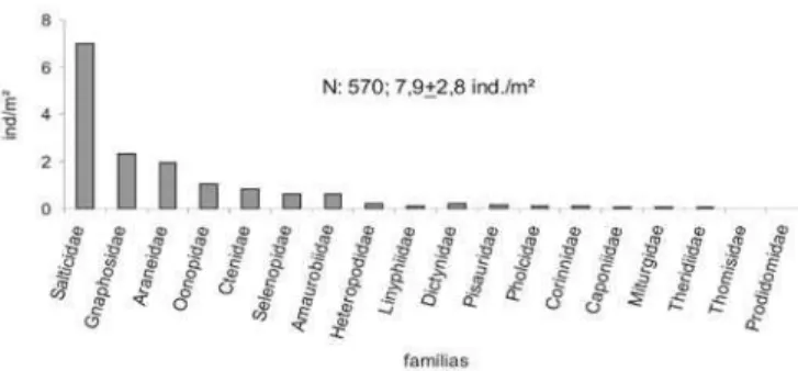 Fig. 4. Densidade (indivíduos/m²) das famílias de Araneae, coletadas em copas de três árvores amostradas de A