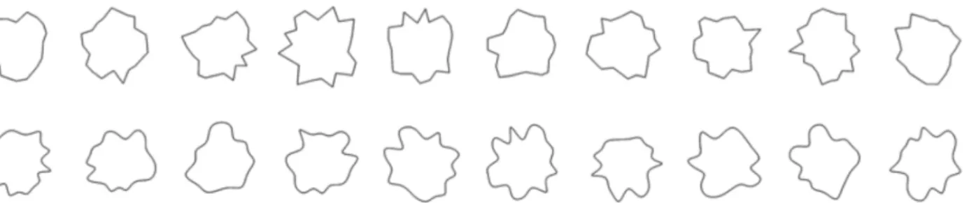 Fig 1. Stimuli in Experiment 1. The first row shows the ten polygons used for the category angular, and the bottom row shows the ten smoothed stimuli used for the category curved.