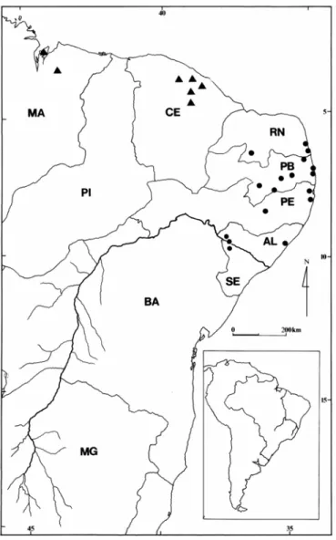 Fig. 1. Mapa de distribuição de  Protomeliturga turnerae.   = Ocorrências citadas por Ducke   = Ocorrências verificadas neste trabalho.