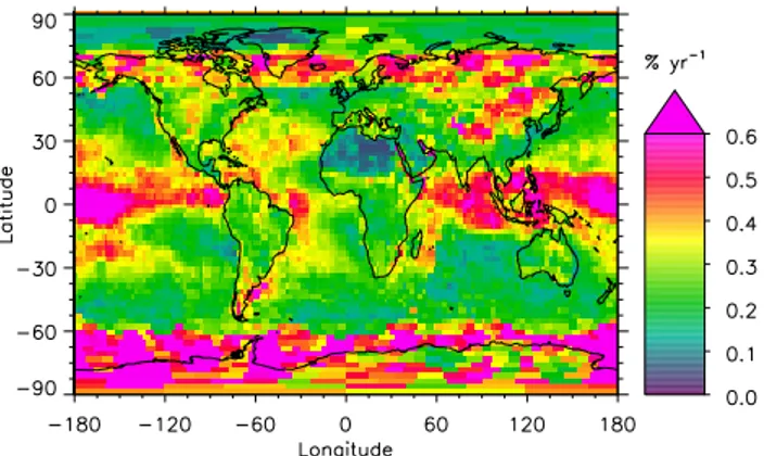 Fig. 4. Global map of distance flown with aircraft (km km − 2 yr − 1 ) in year 2000 in altitude layer 17–19 (9760–11 590 m altitude)