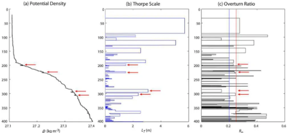 Figure 3. Sample illustration showing the (a) intermediate density profile, (b) Thorpe scales, and (c) overturn ratios calculated at A3-1