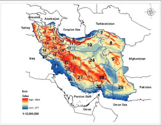 Figure 1. Outline map of Iranian provinces. 1 Azarbaijan - e Garbi 2 Azarbaijan -e Shargi 3 Ardabil 4 Gi- 4 Gi-lan 5 Mazandaran 6 Golestan 7 Khorosan -e Shomali 8 Khorasan -e Razavi 9 Khorasan -e Jonoubi 10  Sem-nan 11 Tehran 12 Ghazvin 13 Zanjan 14 Kordes